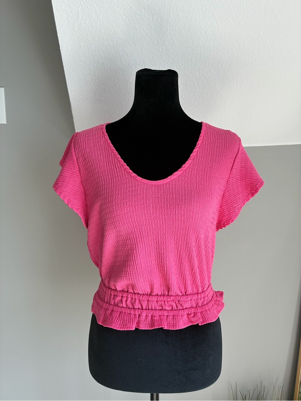 Lush Hot Pink Short Sleeve Smocked Waist Crop Top
